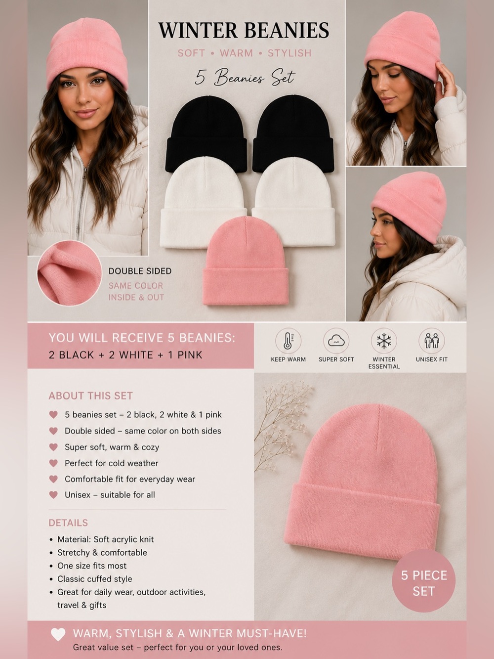 5-Pack Unisex Winter Beanie Set - Pink, White & Black